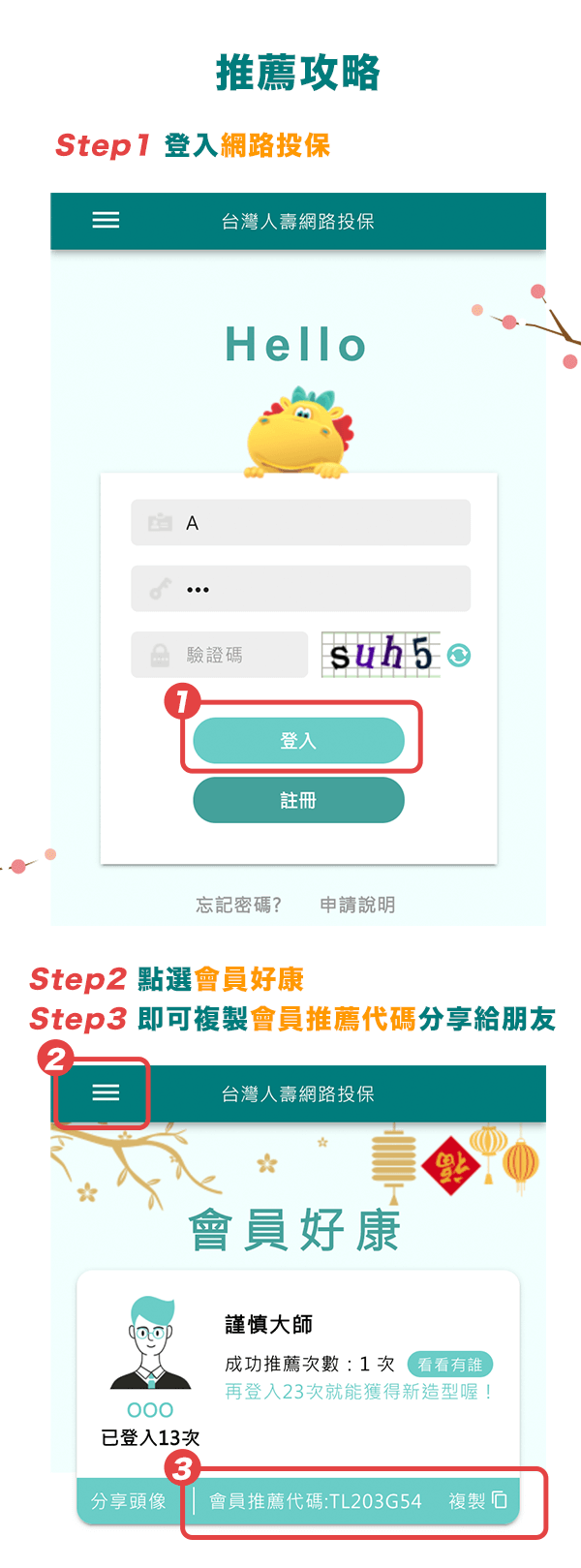 推薦攻略-Step1 登入「網路投保」、Step2 點選「會員好康」、Step3 即可複製「會員推薦代碼」分享給朋友