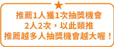 推薦1人獲1次抽獎機會，2人2次，以此類推。推薦越多人抽獎機會越大喔！