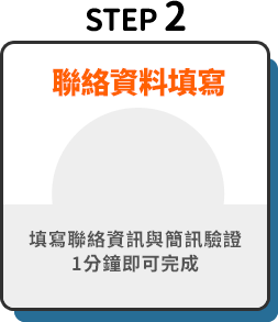STEP 1-聯絡資料填寫：填寫聯絡資訊與簡訊驗證，1分鐘即可完成