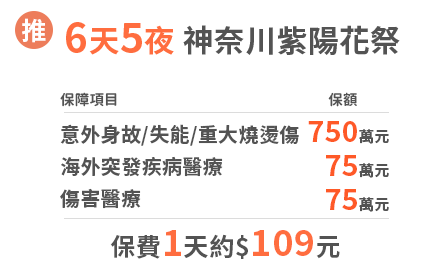 6天4夜神奈川紫陽花祭，保費1天約$109元，享意外身故/失能/重大燒燙傷750萬、海外突發疾病醫療75萬、	傷害醫療75萬保障