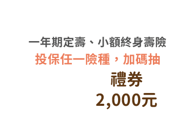 加碼禮：傷害險、一年期壽險，投保任一險種，加碼抽禮券2,000元