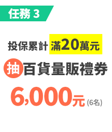 投保累計，滿20萬元，百貨量販禮券5,000元