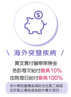 海外突發疾病：實支實付醫療保險金，急診每次給付最高10%，住院每日給付最高100%