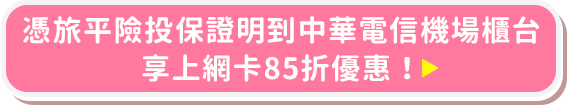 憑旅平險投保證明到中華電信機場櫃台享上網卡85折優惠!