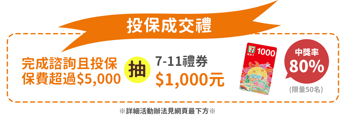 投保成交禮：完成諮詢且投保，抽7-11禮券，$1,000元