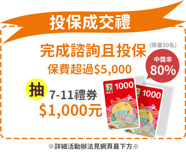 投保成交禮：完成諮詢且投保，抽7-11禮券，$1,000元