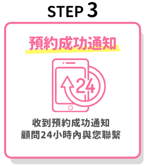 STEP 3-預約成功通知：收到預約成功通知，顧問24小時內與您聯繫