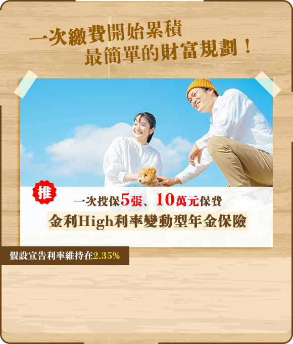 旅遊資金輕鬆規劃：一次投保5張、10萬元保費，金利High利率變動型年金保險，滿6年後,可一次領回約57萬元，旅遊資金輕鬆規劃！