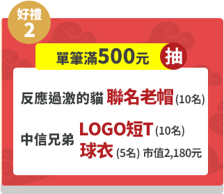 好禮2-投保單筆滿500元抽－反應過激的貓聯名老帽、中信兄弟LOGO短T、中信兄弟球衣