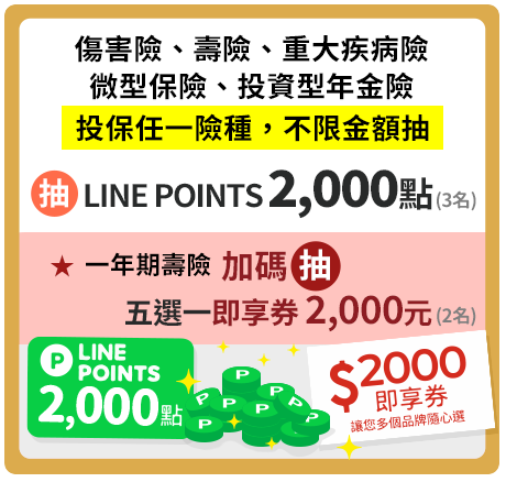 壽險、重大疾病險、微型保險、投資型年金險，投保任一險種，不限金額抽，王品牛排套餐2張、百貨量販禮券2000元