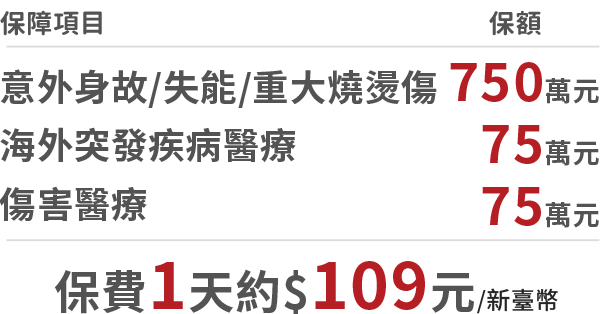 投保範例：保費1天約$109元 