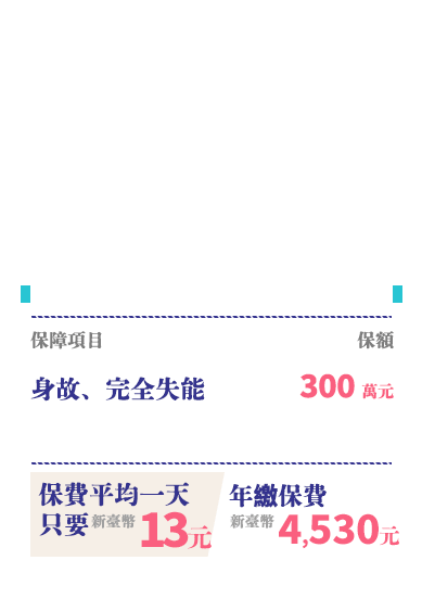 定期壽險：保費平均一天只要$13元