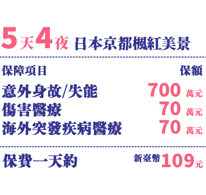 5天4夜-保障項目：意外身故/失能、傷害醫療、海外突發疾病醫療