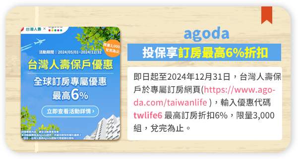 agoda/投保享訂房最高6%折扣