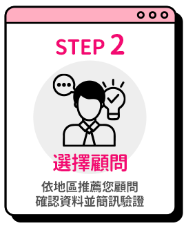 Step2 選擇顧問-依地區推薦您顧問，確認資料並簡訊驗證
