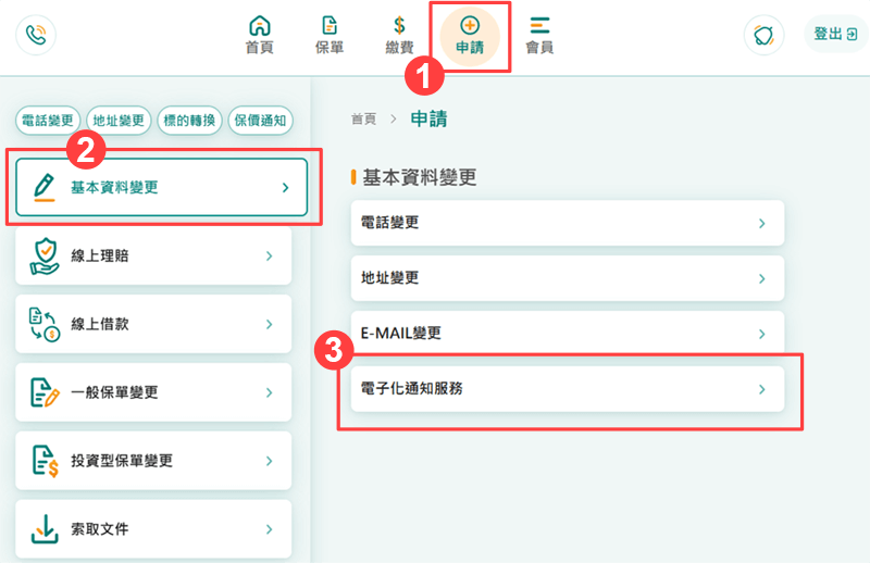 登入網路會員專區，點選申請 → 基本資料變更 → 電子化通知服務