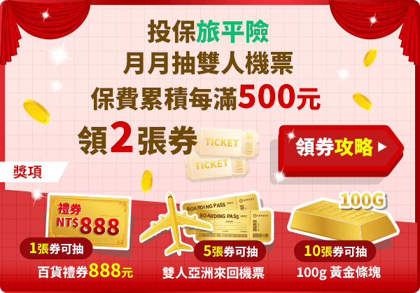 旅平險-投保保費每滿500元，可獲2張抽獎券