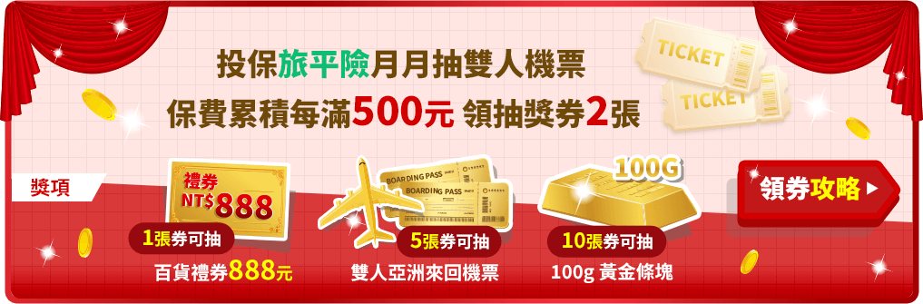 旅平險-投保保費每滿500元，可獲2張抽獎券