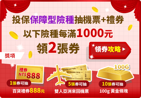 保障商品-投保保障型險種抽機票+禮券，以下險種每滿1000元，領2張券