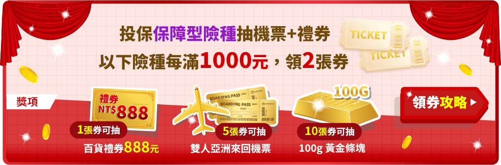 保障商品-投保保障型險種抽機票+禮券，以下險種每滿1000元，領2張券