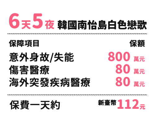 6天5夜-保障項目：意外身故/失能、傷害醫療、海外突發疾病醫療