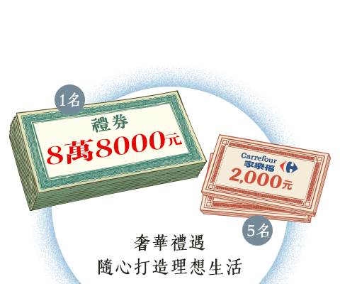 保費累積滿10萬元或月繳滿5,000元抽 / 8萬8千元禮券(1名)、家樂福禮券2,000元(5名)