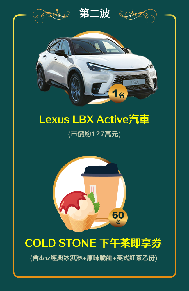 第二波Lexus LBX Active汽車 / Cold stone下午茶即享券 第二波Lexus LBX Active汽車 / Cold stone下午茶即享券