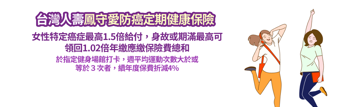 鳳守愛防癌定期健康保險女性特定癌症最高1.5倍給付，期滿最高可領回1.02倍保費