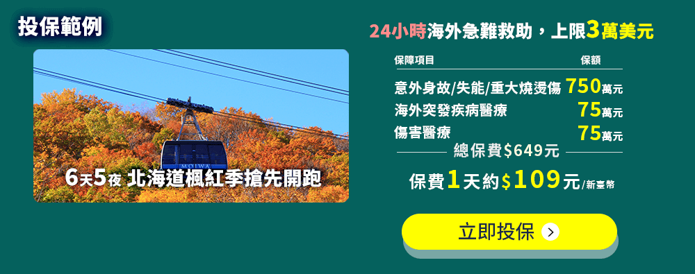 24小時海外急難救助，上限3萬美元，保費1天約$109元/新臺幣：立即投保
